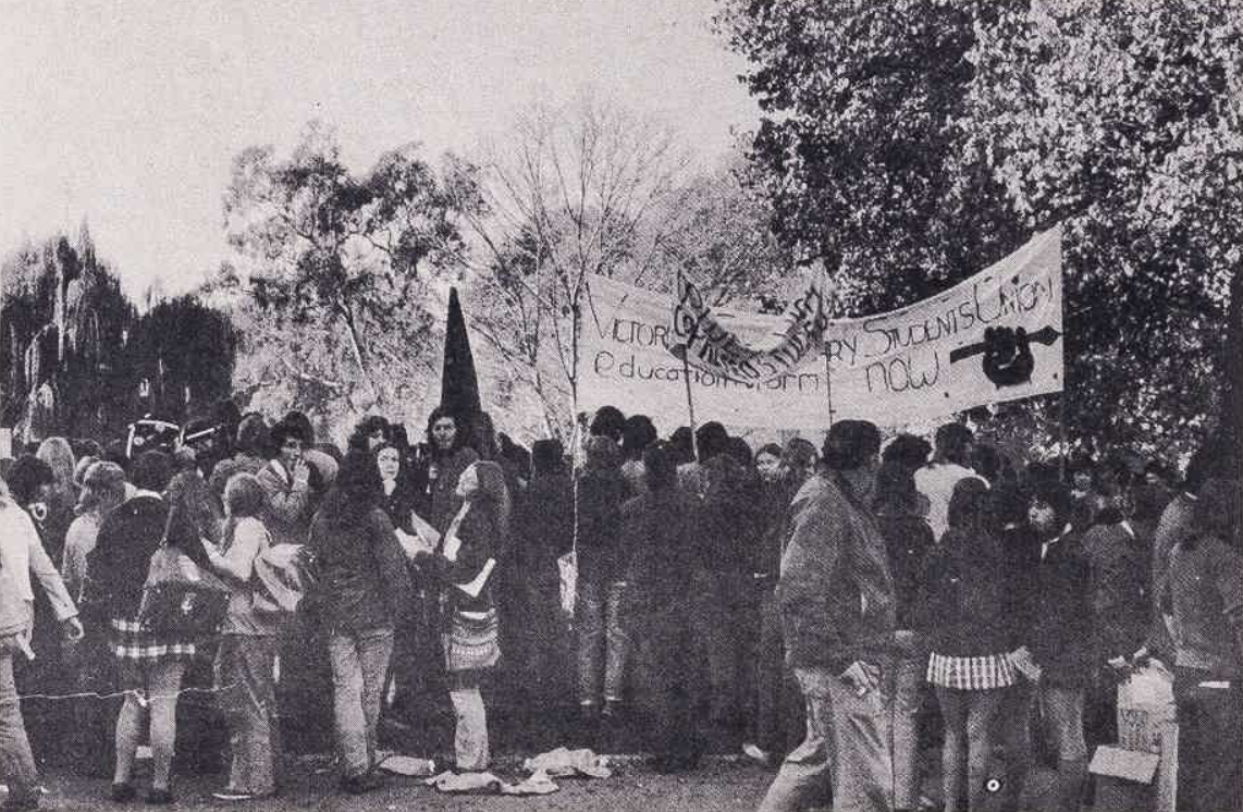 Photograph of a group students, some of them holding a banner reading "Victorian Secondary Students Union education reform now"